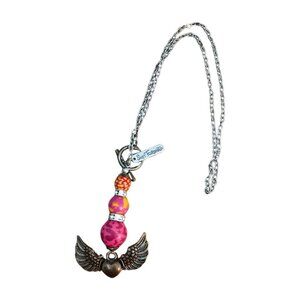 Suzy Toronto Heart with Wings Necklace - Whimsical Pink and Orange Beads